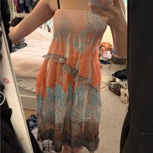 Lapis Strapless Midi Dress in Coral and Slate